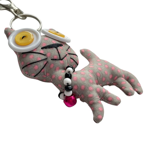 Handmade Gray & Pink Polka Dot Kitty Cat Keychain Purse Charm - Picture 5 of 6